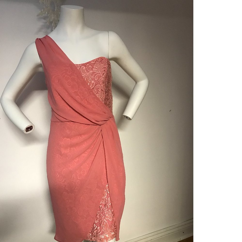 MADE IN CANADA Le Chateau PLUS SIZE Peach Corral Pink Lace Chiffon Bodycon dress